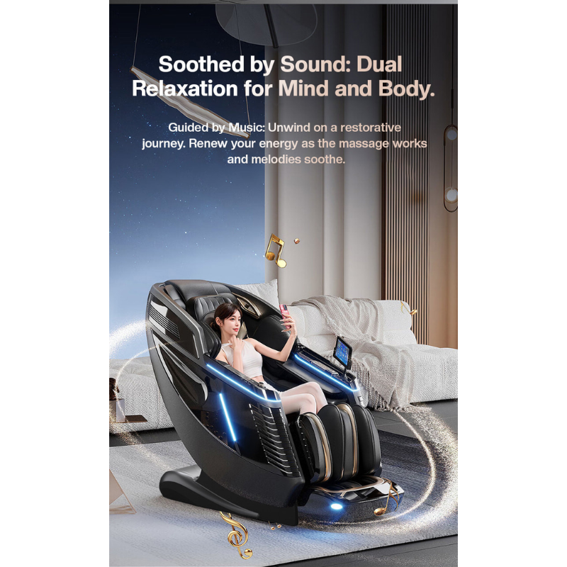 Massage chair with Bluetooth speakers playing music from smartphone for immersive relaxation.