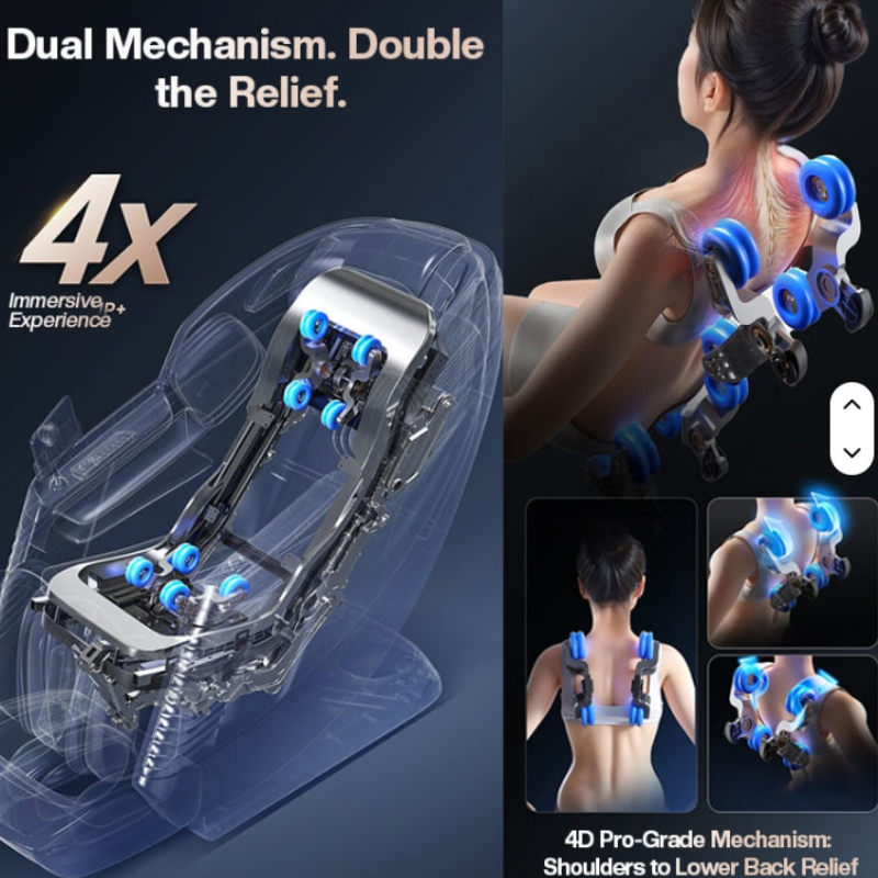 Dual-mechanism massage chair rollers massaging upper and lower back simultaneously for full-body coverage.