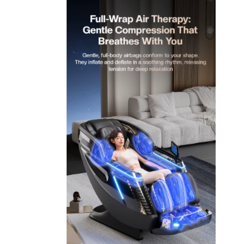 Massage chair air compression system with adjustable intensity for arms legs and feet.