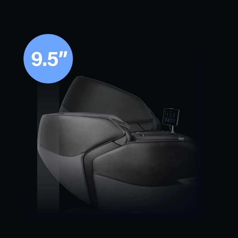Massage chair demonstrating space-saving technology that slides forward to fully recline with minimal clearance from the wall.