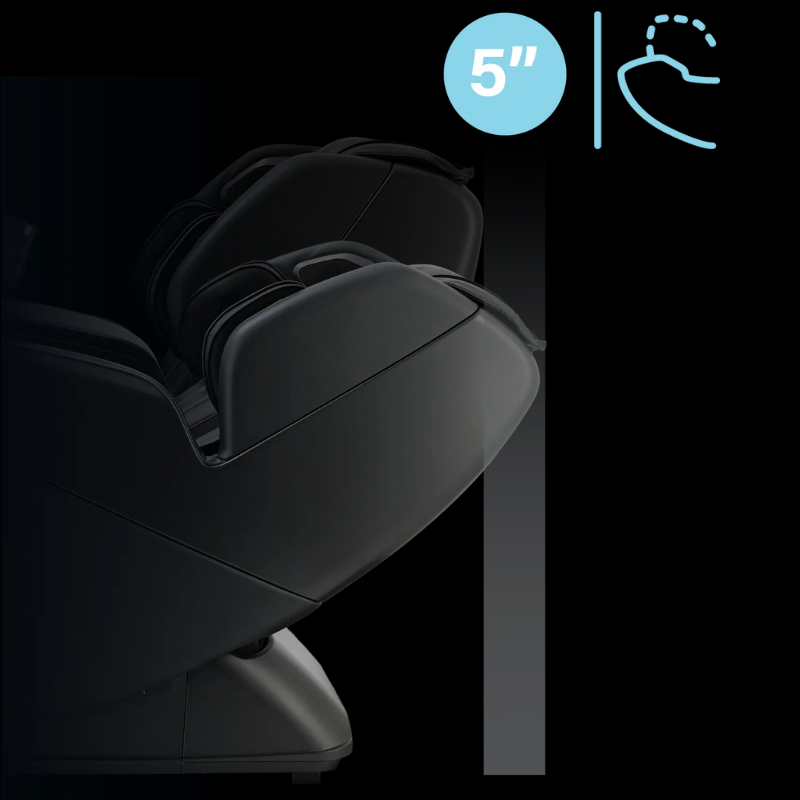 Osaki YogaFlex 4D massage chair reclining close to a wall, demonstrating space-saving design with only 5 inches of clearance.