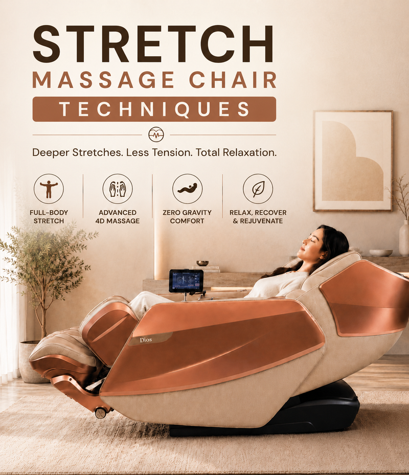 Premium stretch massage chair with a woman reclining in the Kahuna Dios Flexa during a full-body stretch massage.