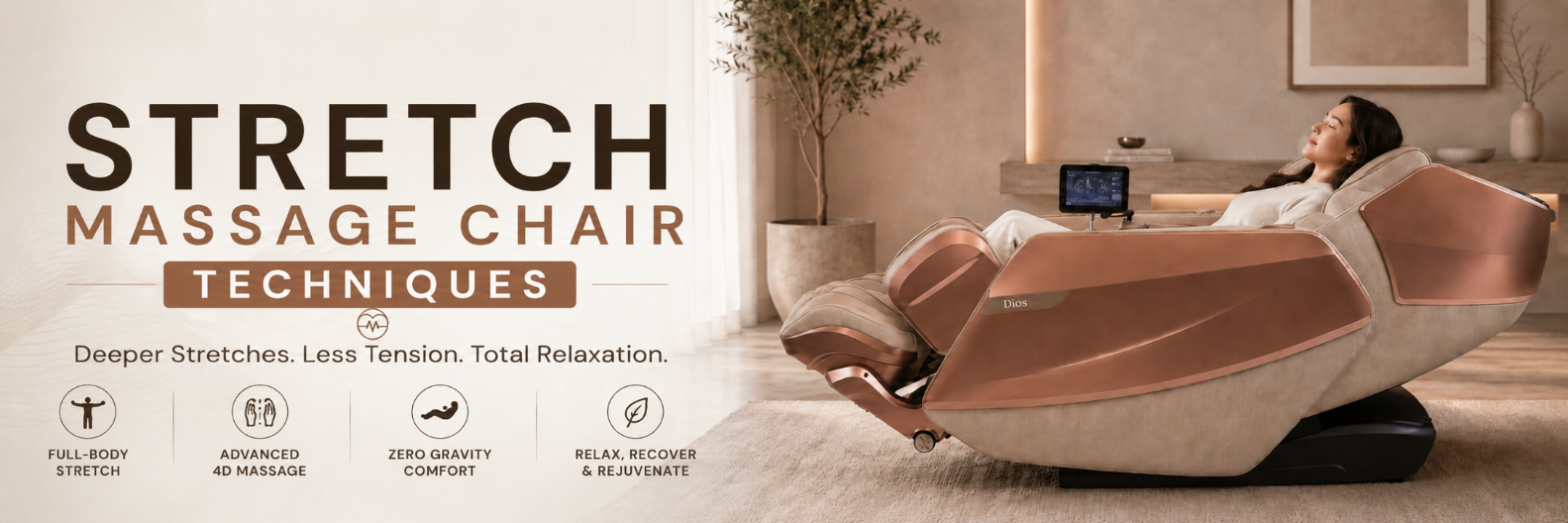 Woman relaxing in a Kahuna Dios Flexa stretch massage chair featured on the Stretch Massage Chair techniques page.