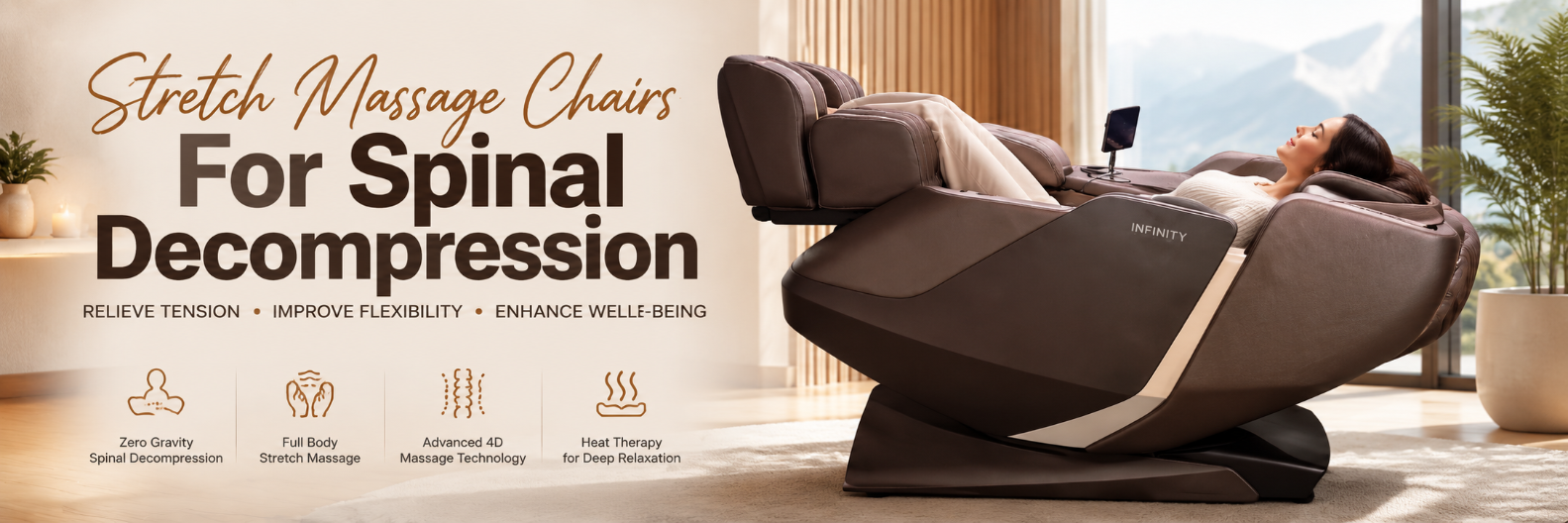Person relaxing in the Infinity Sensation 4D DualFlex massage chair in zero gravity, demonstrating spinal decompression and full-body stretch massage techniques.