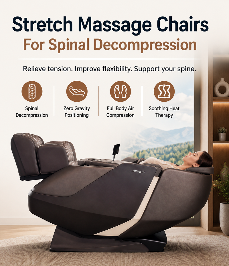 Infinity Sensation 4D DualFlex massage chair with a user enjoying zero gravity positioning, spinal decompression, and full-body stretch massage.