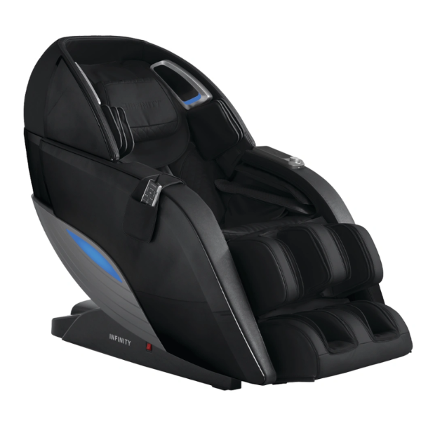 Certified Pre-Owned Open-Box Infinity Dynasty 4D Massage Chair in black featuring advanced 4D massage, extended L-Track technology, Zero Gravity recline, and a sleek modern design.