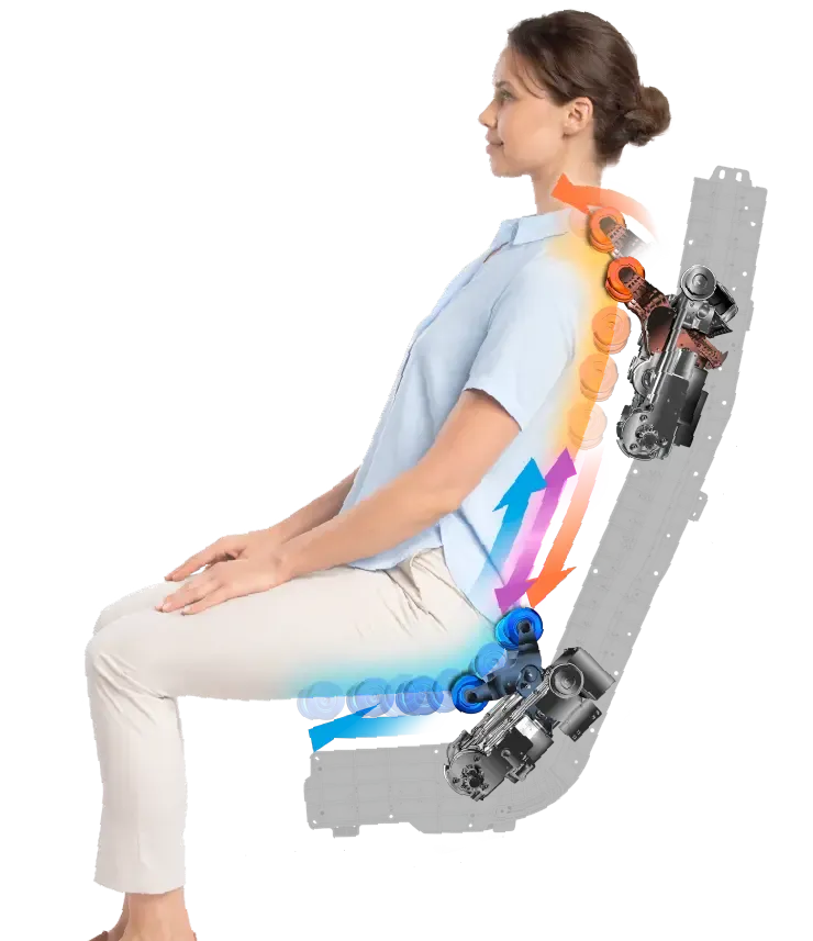 Person reclining in a massage chair receiving a full-body massage with rollers and airbags working the back, arms, legs, and feet.