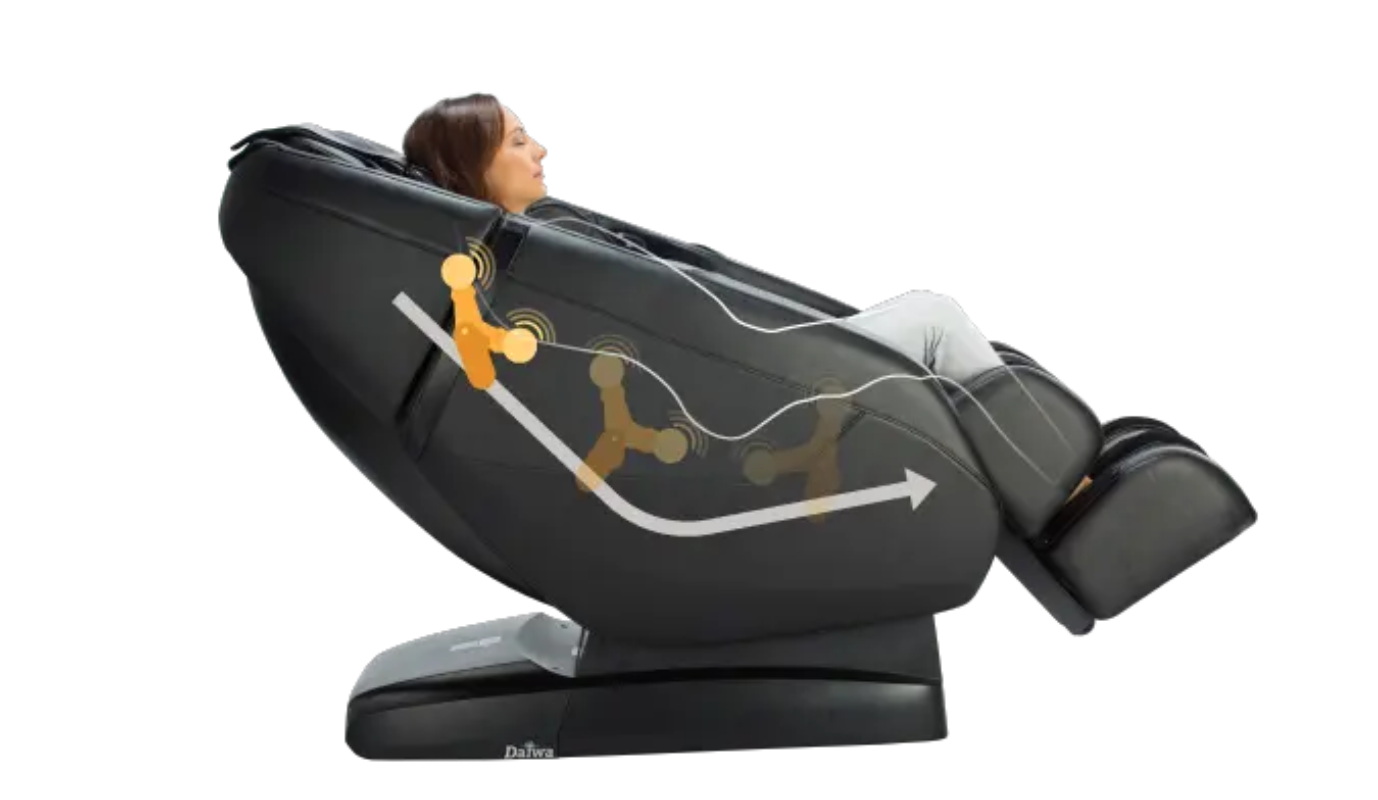 Image illustrating the Flexible Dual Track system of the Daiwa Supreme Hybrid massage chair, featuring its innovative design that follows the natural shape of the spine to deliver a thorough and comfortable massage experience from the neck to the lower back.