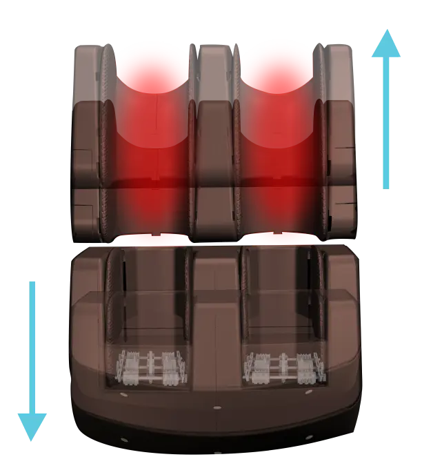 Image highlighting the Therapeutic Heated Knee Massage feature of the Daiwa Supreme Hybrid massage chair, demonstrating how the built-in heating elements and specialized rollers collaborate to deliver comforting warmth and targeted relief to the knees, enhancing relaxation and overall comfort during use.