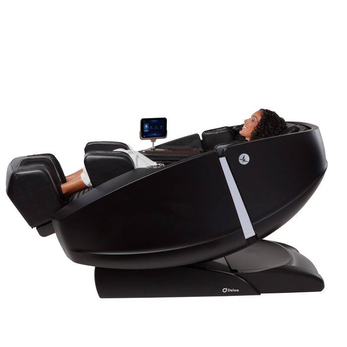 Close side view of person in zero gravity on black Supreme Hybrid X massage chair.