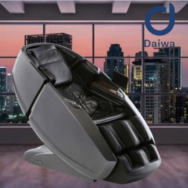 Gray massage chair with Daiwa logo against a cityscape background