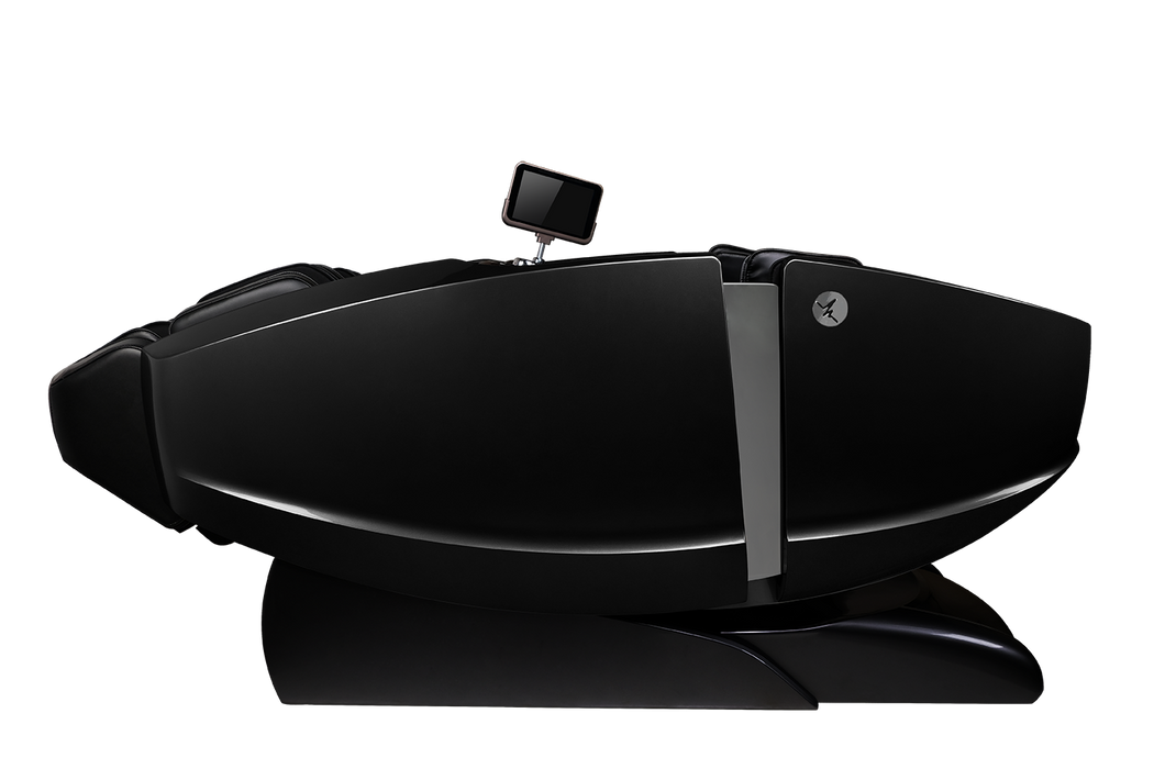 The Daiwa Supreme Hybrid X in a Deep Zero Gravity position, showing the chair fully reclined with the user's knees elevated above the heart for maximum pressure relief.