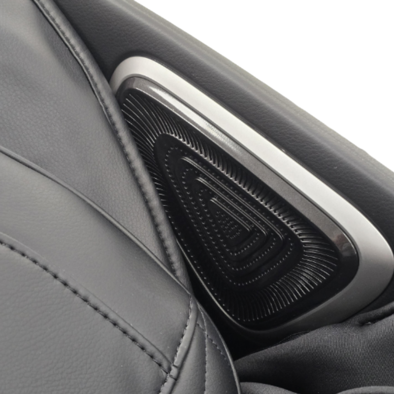 Integrated surround sound Bluetooth speakers positioned near shoulders, designed to envelop the user in rich sound.