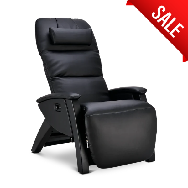 The Svago Lite 2 zero gravity recliner has all of the benefits of zero gravity with a synthetic hyde, heat, vibration massage, and a hand-carved wood base.