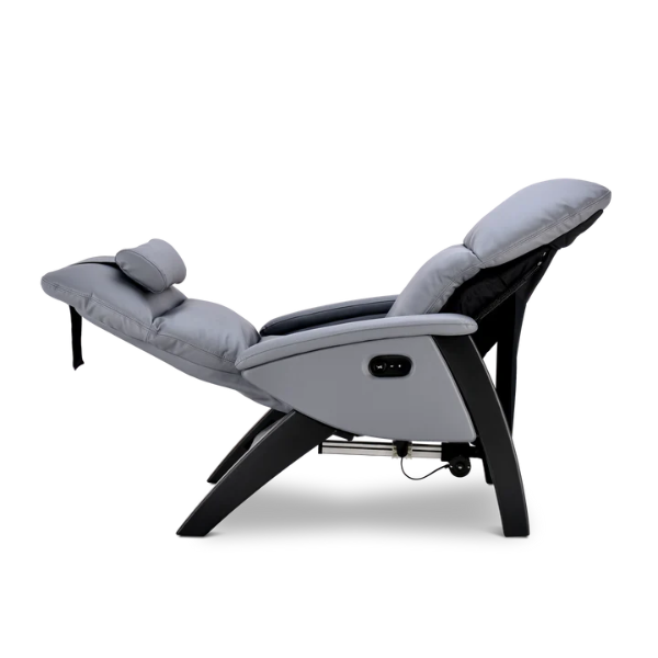 The Svago Lite 2 zero gravity recliner has all of the benefits of zero gravity, with a synthetic hyde, thermal heat, lumbar vibration massage, and a hand-carved wood base.