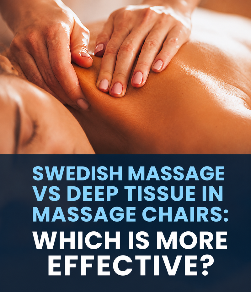 Person receiving a massage with text comparing Swedish massage and deep tissue massage in chairs.