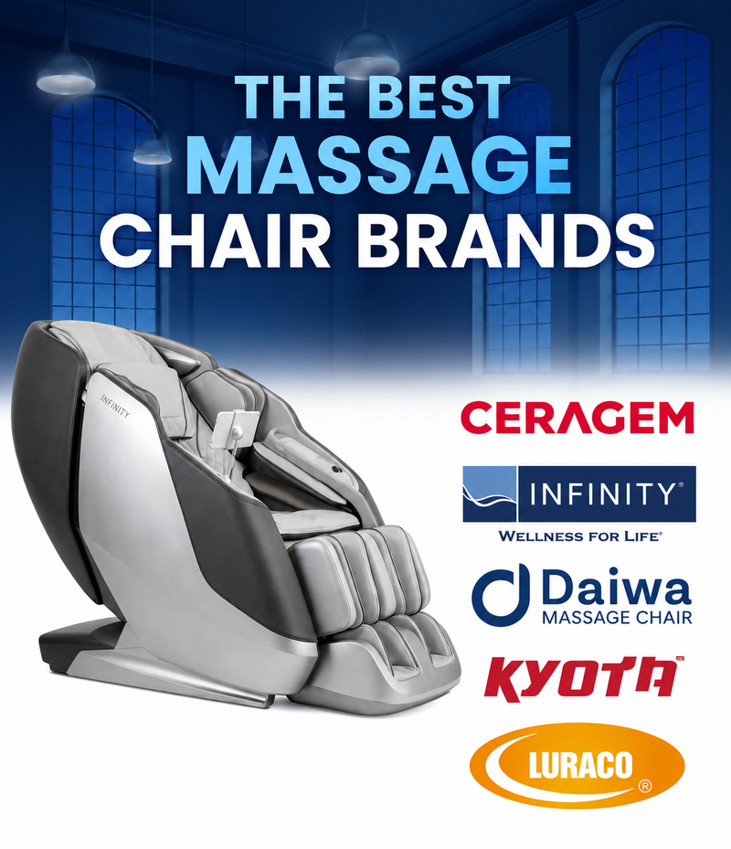 Mobile banner for the best massage chair brands featuring Infinity, Kyota, Daiwa, Luraco, and Ceragem.