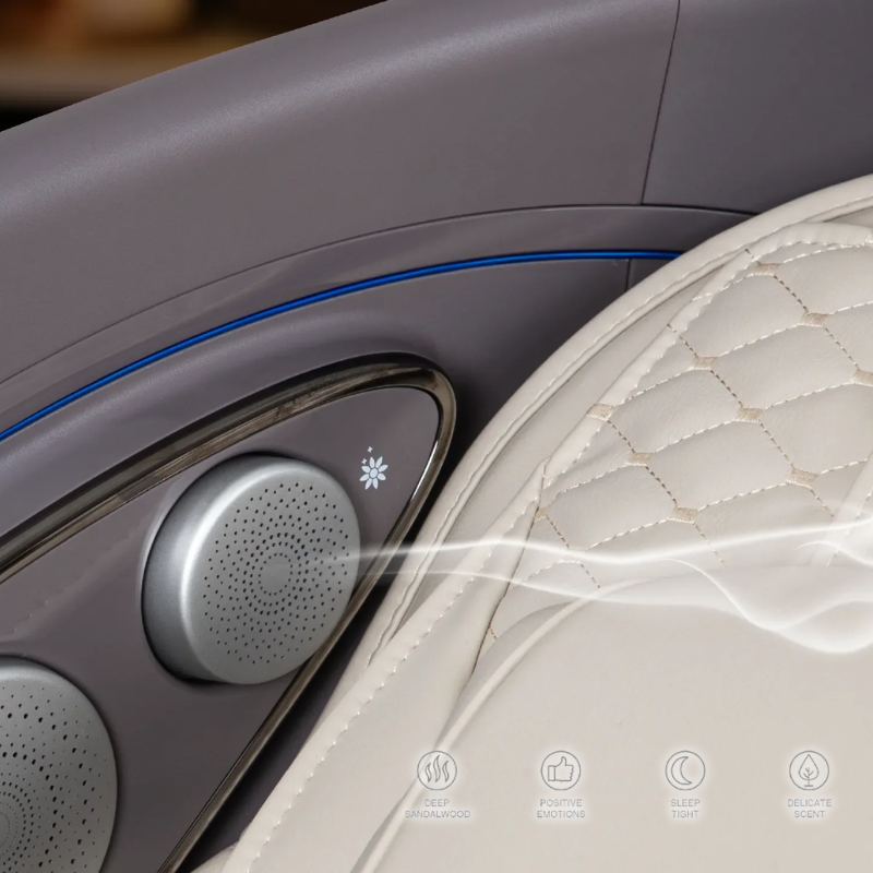 The Osaki Flagship massage chair features an aromatherapy cartridge next to the speakers, which releases scents via refillable aroma capsules controlled by the remote to enhance mood and relaxation during the massage session.