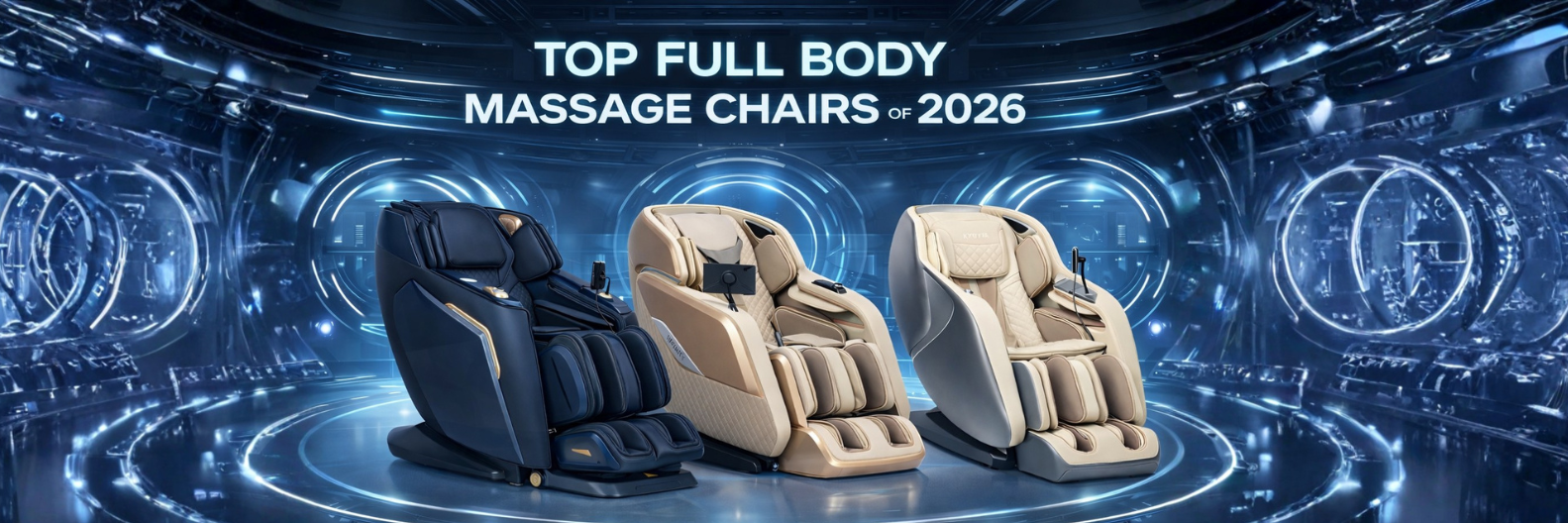 Three massage chairs displayed on a futuristic background with text about top full-body massage chairs of 2026.