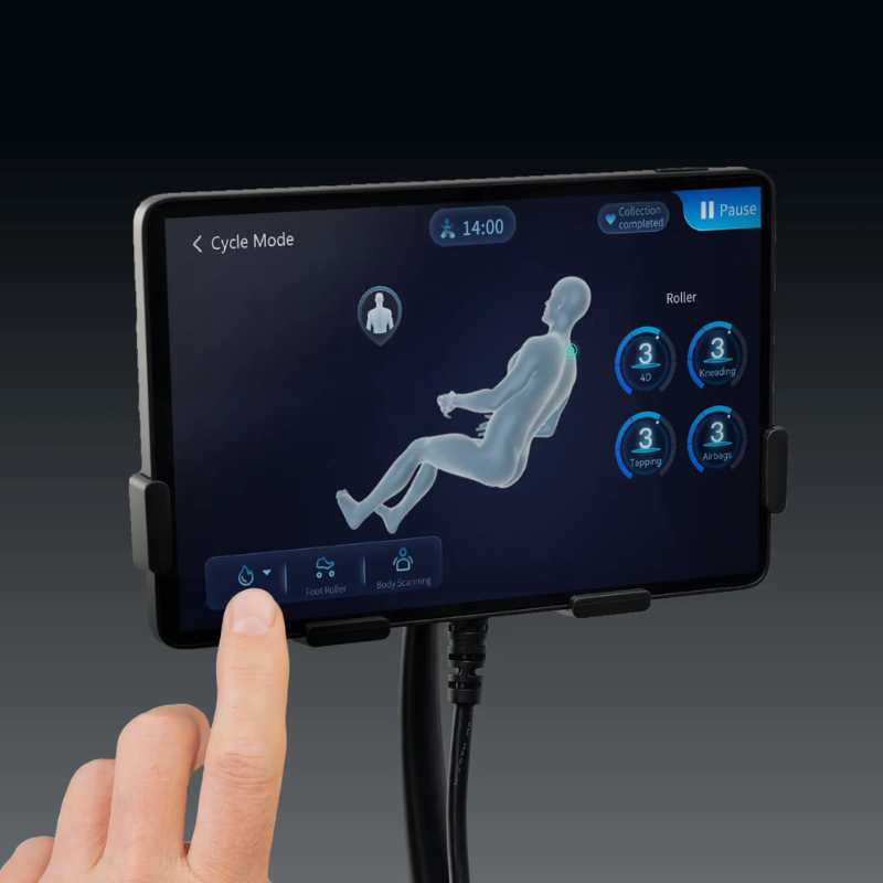 Touchscreen remote of the Osaki YogaFlex 4D massage chair displaying massage programs and settings on an easy-to-use interface.