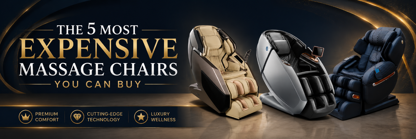 Luxury banner featuring three of the most expensive massage chairs you can buy, including the Infinity Ultra Imperial Syner-D, Daiwa Supreme Hybrid X, and Luraco i9 Max Special Edition, with elegant gold accents and premium wellness styling.