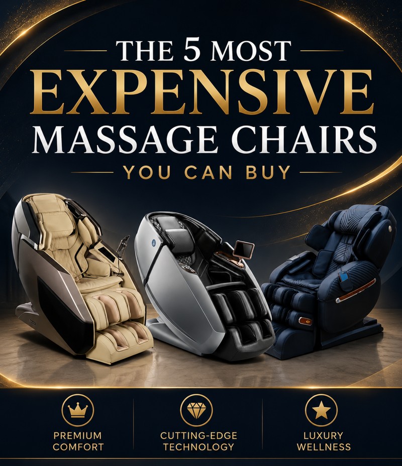 Mobile banner showcasing three luxury massage chairs with gold-accented design and headline reading “The 5 Most Expensive Massage Chairs You Can Buy” highlighting premium comfort, advanced technology, and luxury wellness features
