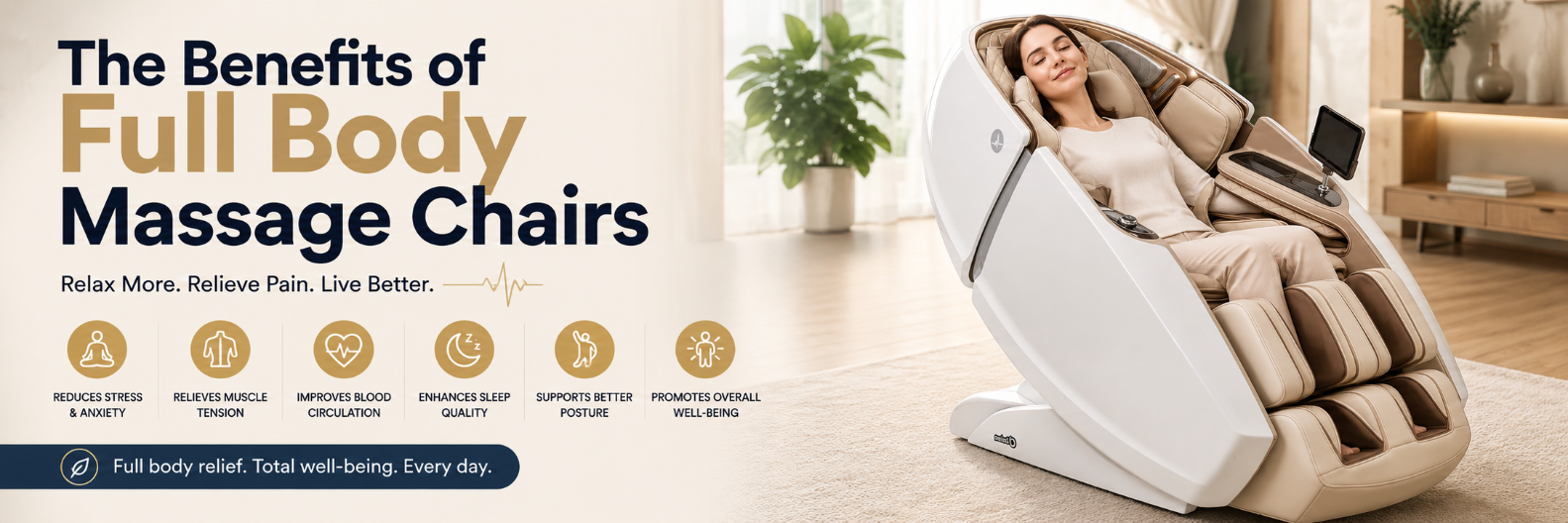 Woman relaxing in a premium full-body massage chair with infographic highlighting the health and wellness benefits of full-body massage therapy.