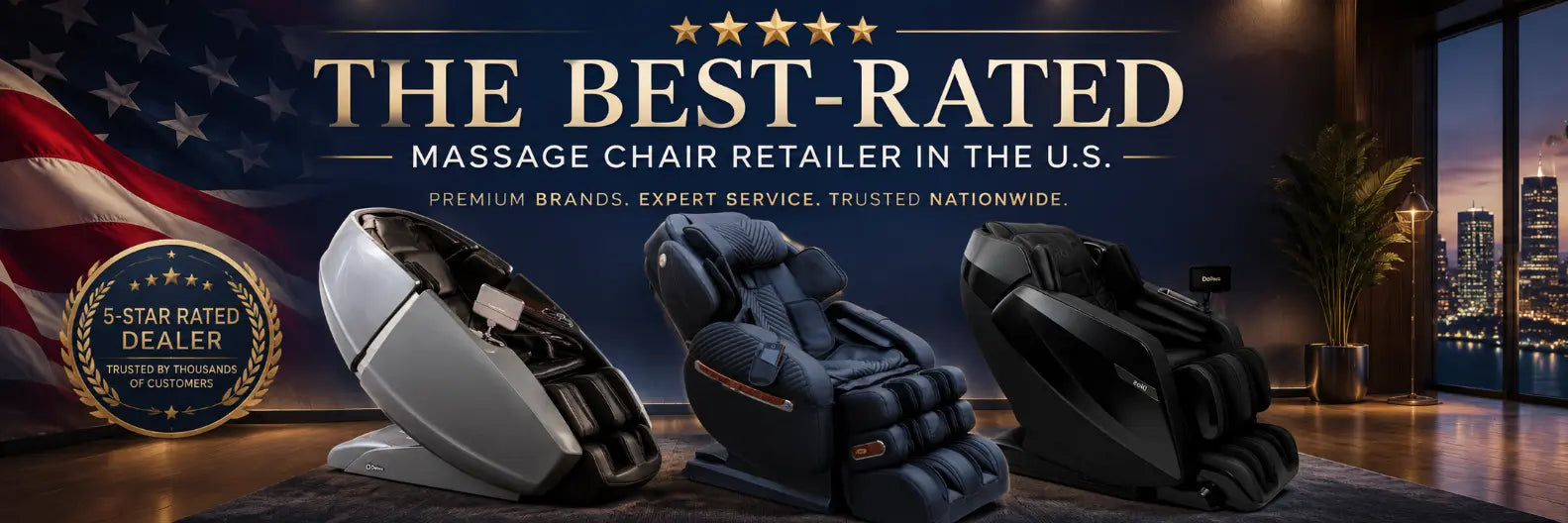 Three massage chairs in silver, black, and dark gray are displayed in a showroom setting with promotional text reading 'THE BEST-RATED MASSAGE CHAIR RETAILER IN THE U.S.