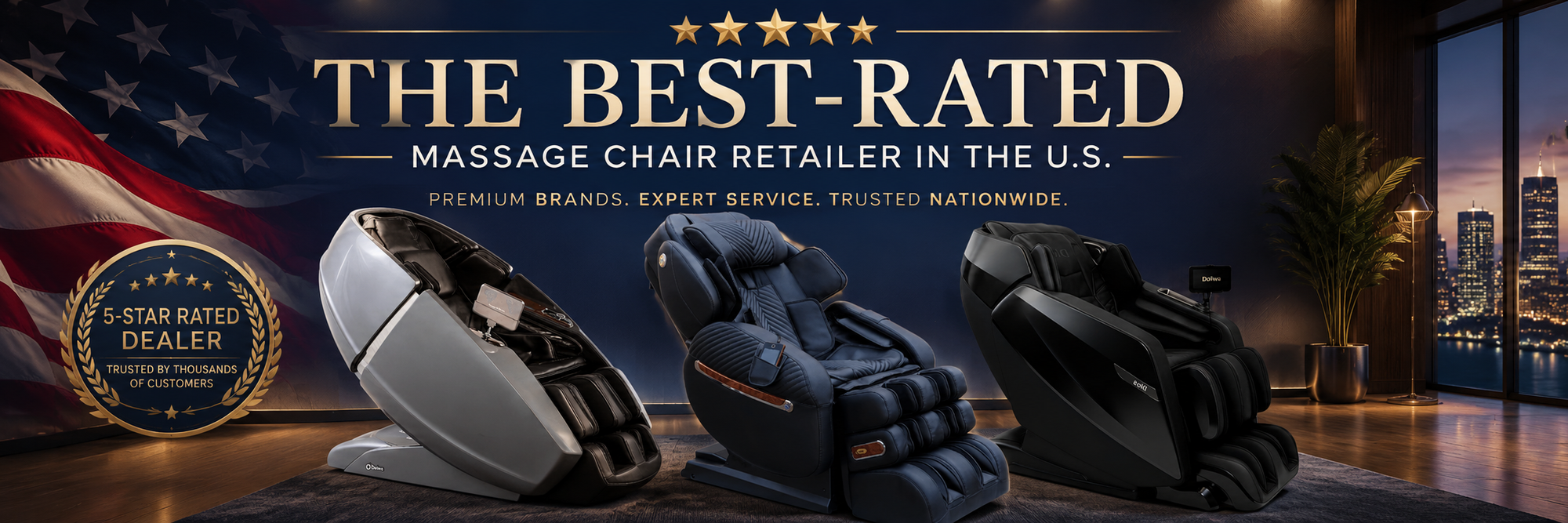 Three massage chairs in silver, black, and dark gray are displayed in a showroom setting with promotional text reading 'THE BEST-RATED MASSAGE CHAIR RETAILER IN THE U.S.
