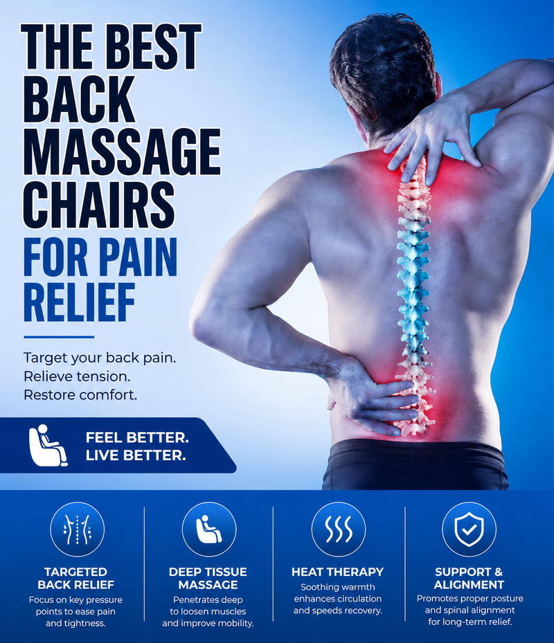 Promotional graphic for back massage chairs featuring a muscular man from behind holding his lower back with his hands, showing a glowing highlighted spine. The background is blue with text reading 'THE BEST BACK MASSAGE CHAIRS FOR PAIN RELIEF' and four feature icons at the bottom.