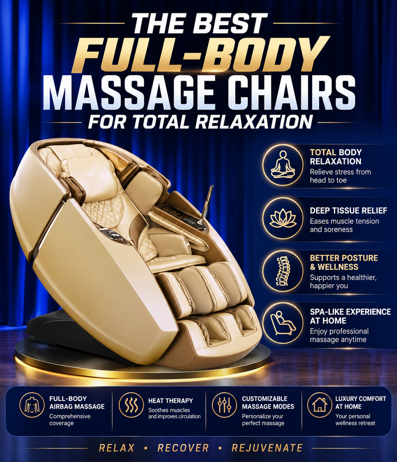 A gold full-body massage chair displayed on a pedestal against a dark blue curtain background, with large promotional text and feature icons describing massage benefits.