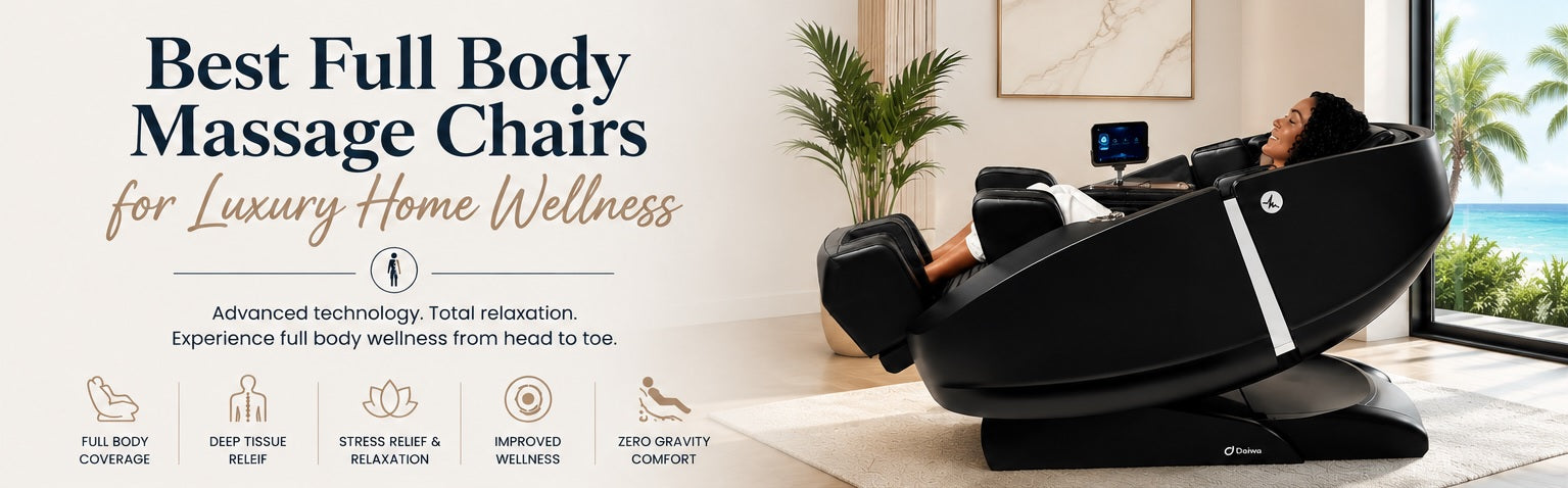 Luxury full body massage chair banner featuring a premium zero gravity massage chair in a modern coastal-inspired home setting with advanced wellness technology, deep tissue relief, stress relaxation, and full-body recovery features.
