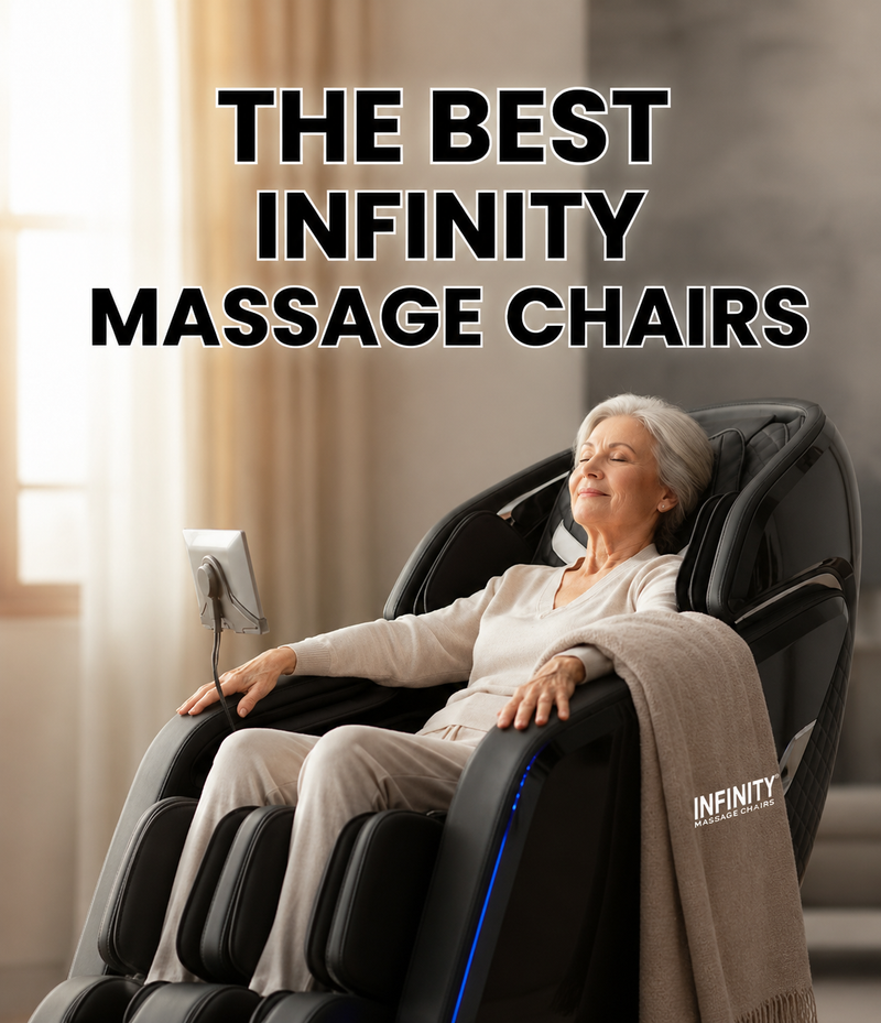 Woman relaxing in an Infinity massage chair with the headline "The Best Infinity Massage Chairs" displayed above in a bright, modern living room.