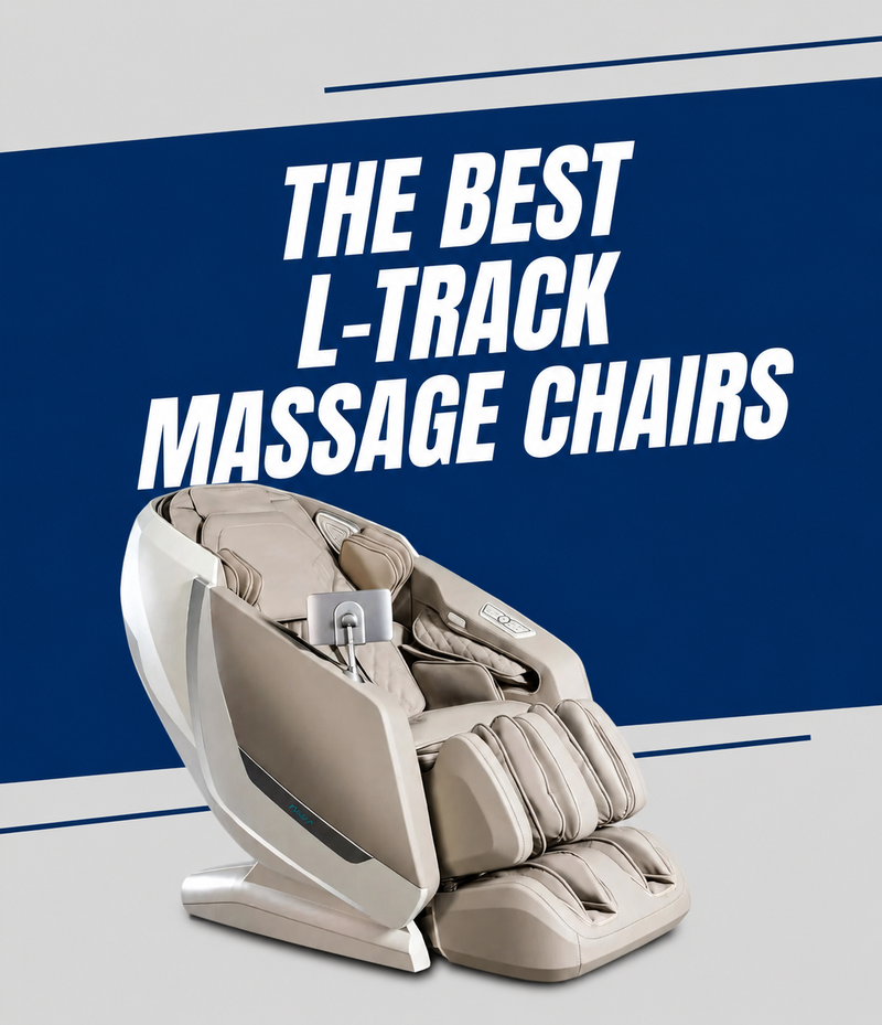 A beige and white L-Track massage chair shown against a blue and gray graphic background with the text 'THE BEST L-TRACK MASSAGE CHAIRS'.
