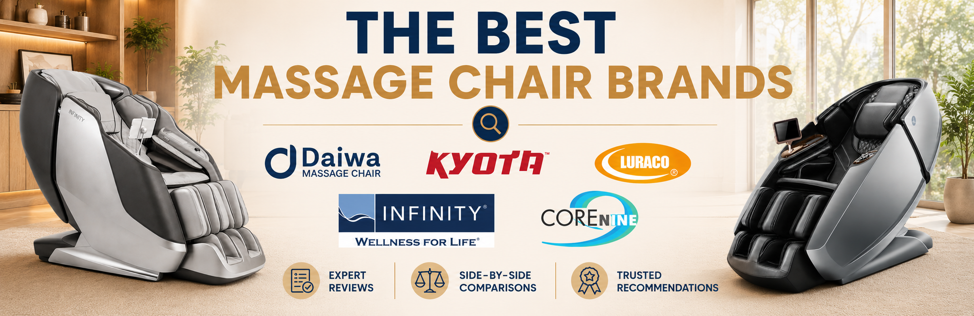 The Best Massage Chair Brands featuring Infinity, Daiwa, Kyota, Luraco, and COREnine massage chairs with expert reviews and side-by-side brand comparisons.