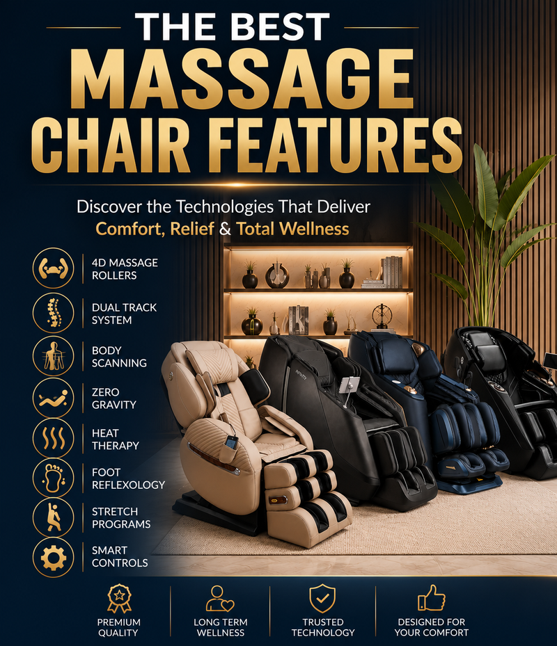 Promotional graphic for massage chairs showing several upholstered chairs in beige, black, and navy in a styled interior setting, with large text reading 'THE BEST MASSAGE CHAIR FEATURES' and feature callouts on the left.