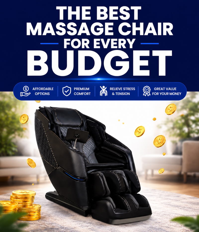 Black massage chair shown in a home interior setting with promotional text at the top reading 'THE BEST MASSAGE CHAIR FOR EVERY BUDGET' and feature icons below.