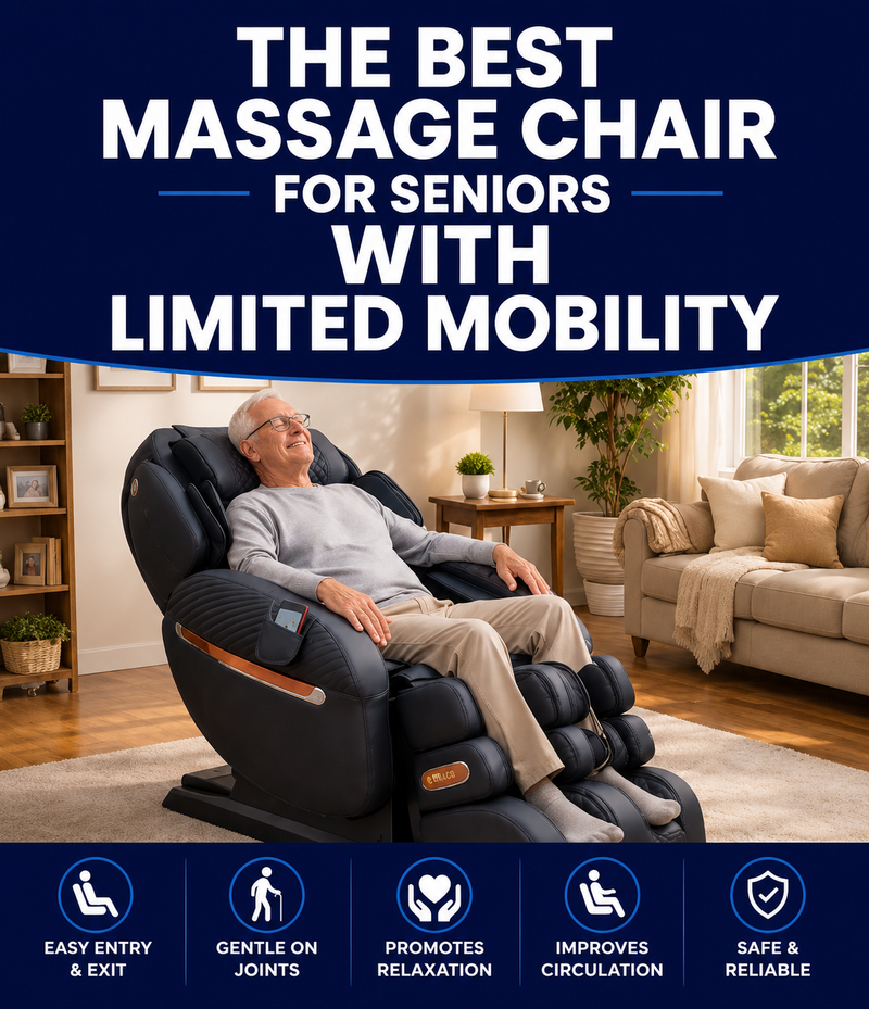 Infographic Mobile Banner for The Best Massage Chairs for Seniors with Limited Mobility featuring the medical-grade Luraco i9 Max SE. 