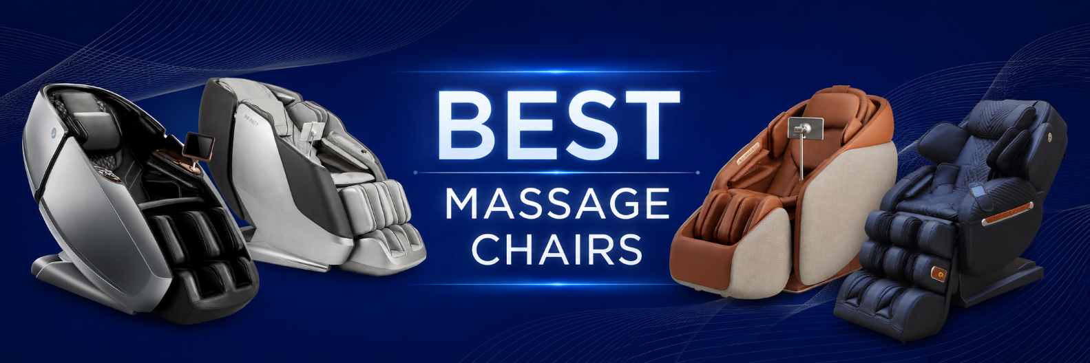 Best Massage Chairs banner featuring the Daiwa Supreme Hybrid X, Infinity Sensation, Ceragem Pause M10, and Luraco I9 Max SE on a modern blue background