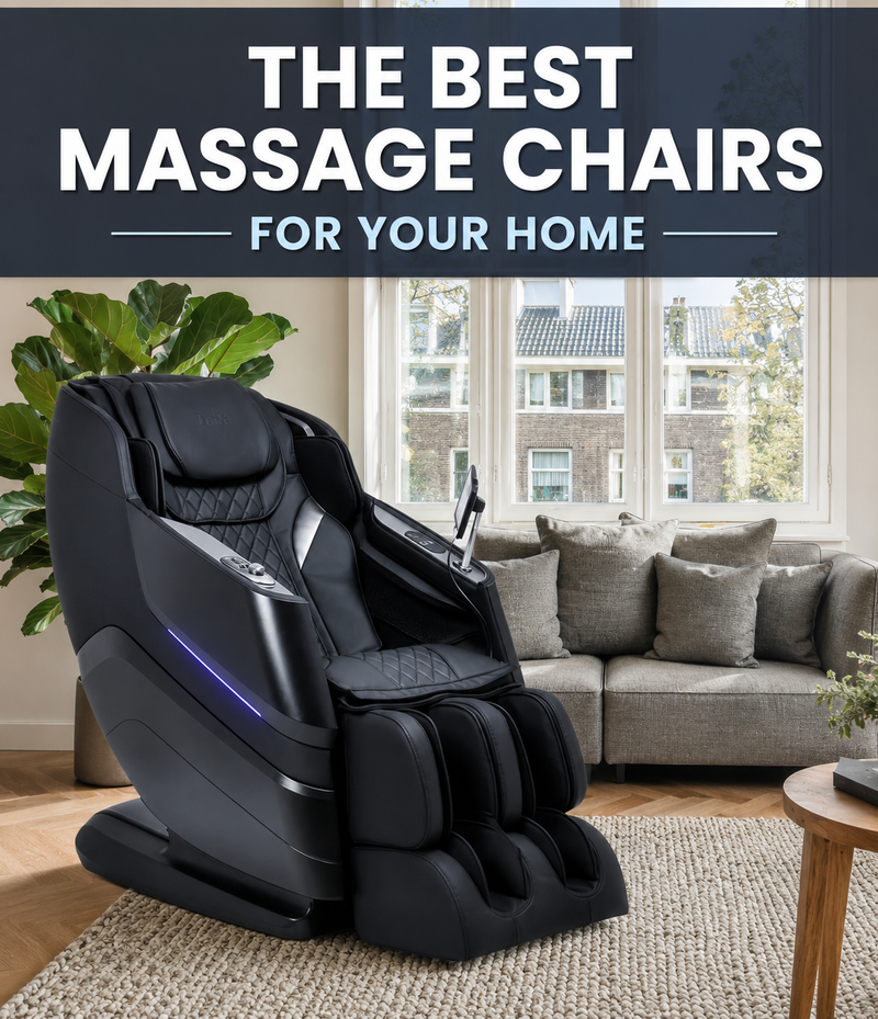 A black modern massage chair placed in a living room setting with a sofa, windows, and a plant in the background. A dark blue banner at the top reads 'THE BEST MASSAGE CHAIRS FOR YOUR HOME'.