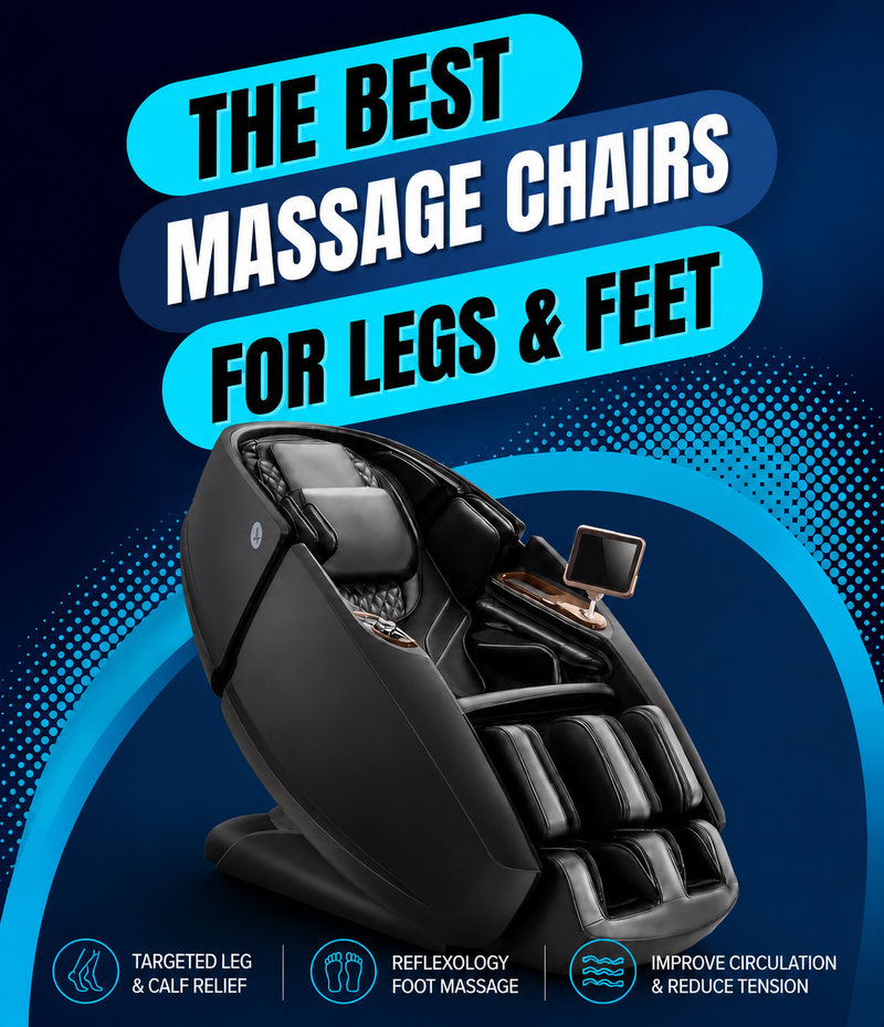 Mobile banner for “The Best Massage Chairs for Legs & Feet” featuring a premium massage chair with targeted leg relief and reflexology foot massage benefits.
