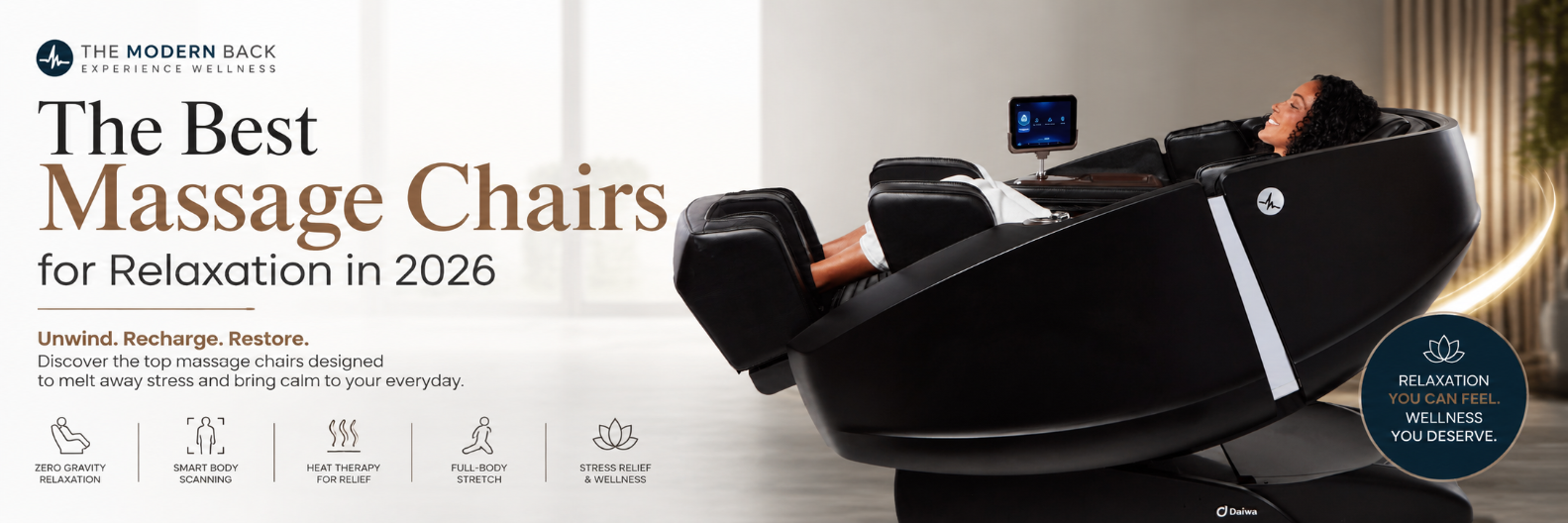 Woman relaxing in the Daiwa Supreme Hybrid X massage chair featured in The Modern Back's best massage chairs for relaxation guide