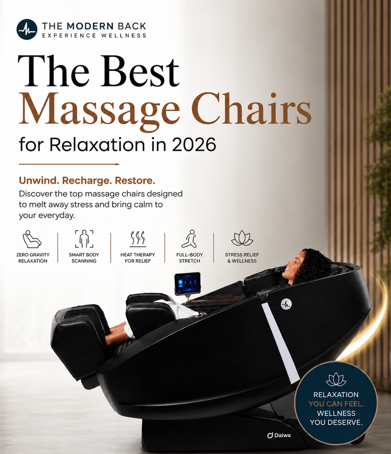 Mobile banner for “The Best Massage Chairs for Relaxation” featuring a woman relaxing in a premium massage chair with wellness and relaxation benefits highlighted