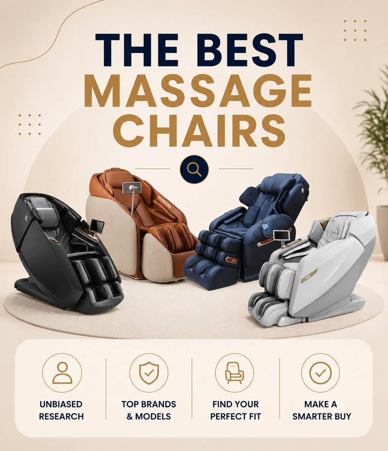 Best massage chairs mobile banner showcasing the Ceragem Pause M10, Kahuna Dios Flexa, Luraco i9 Medical, and Daiwa Supreme Hybrid X with unbiased research and expert buying advice.
