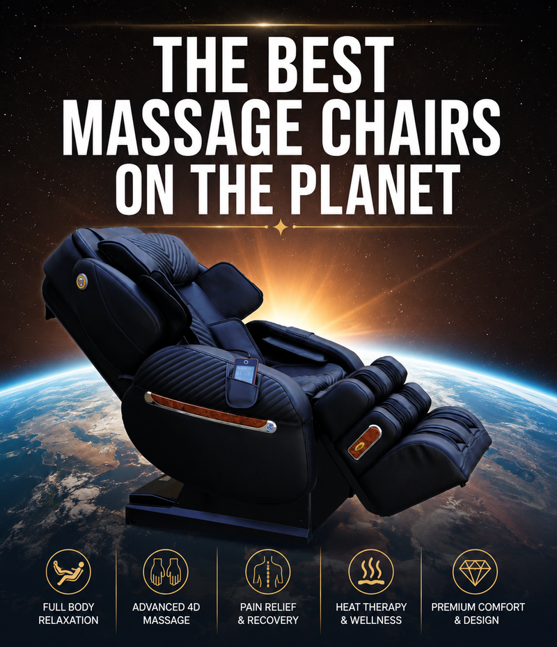 A black massage chair floating above Earth with large promotional text reading 'THE BEST MASSAGE CHAIRS ON THE PLANET' and feature icons along the bottom.