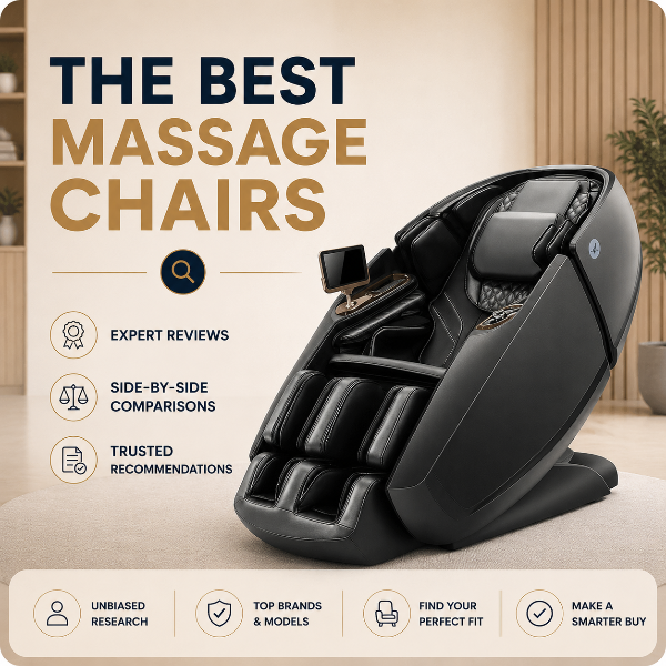 A black modern massage chair shown at an angle on a light beige surface with promotional text reading 'THE BEST MASSAGE CHAIRS' and feature callouts on a styled indoor background.