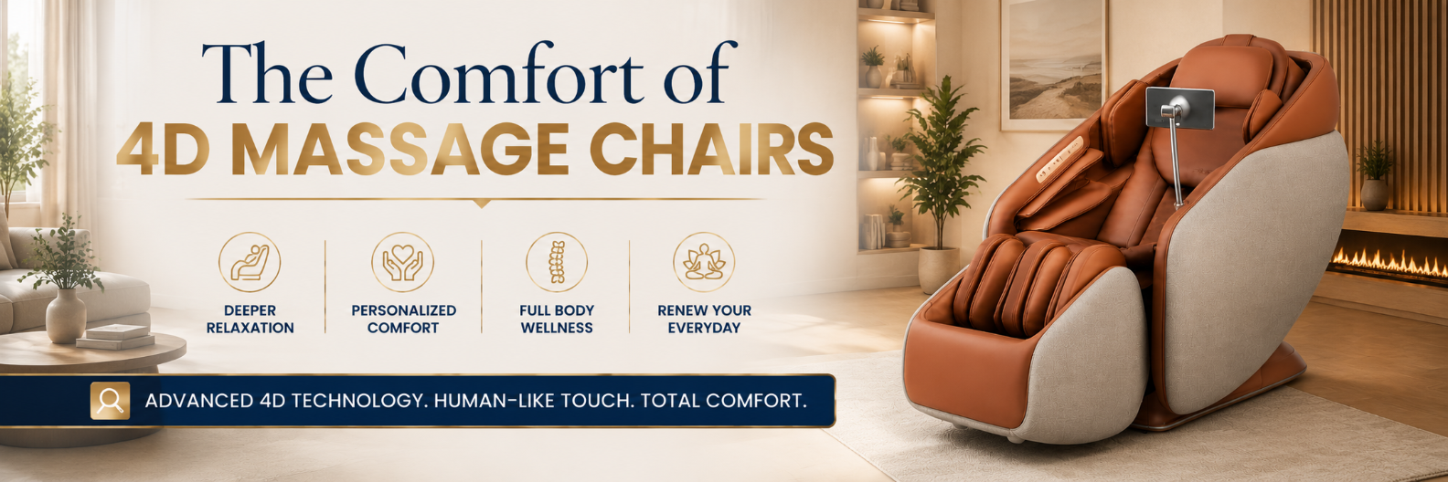 The Comfort of 4D Massage Chairs featuring the Ceragem Pause M10 in a modern living room, highlighting advanced 4D massage technology and personalized full-body comfort.