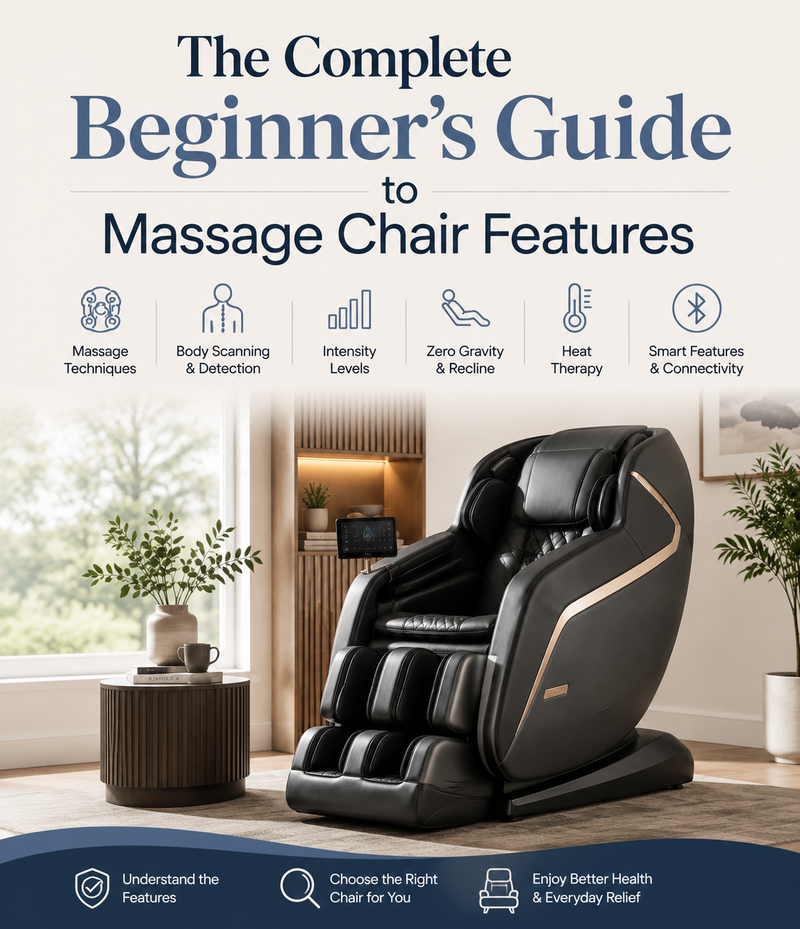 Promotional graphic for a massage chair, showing a black and dark gray massage chair in a modern living room setting. The top portion features the text 'The Complete Beginner's Guide to Massage Chair Features' with icons and labels detailing key features like massage techniques, body scanning, intensity levels, zero gravity recline, heat therapy, and smart features.