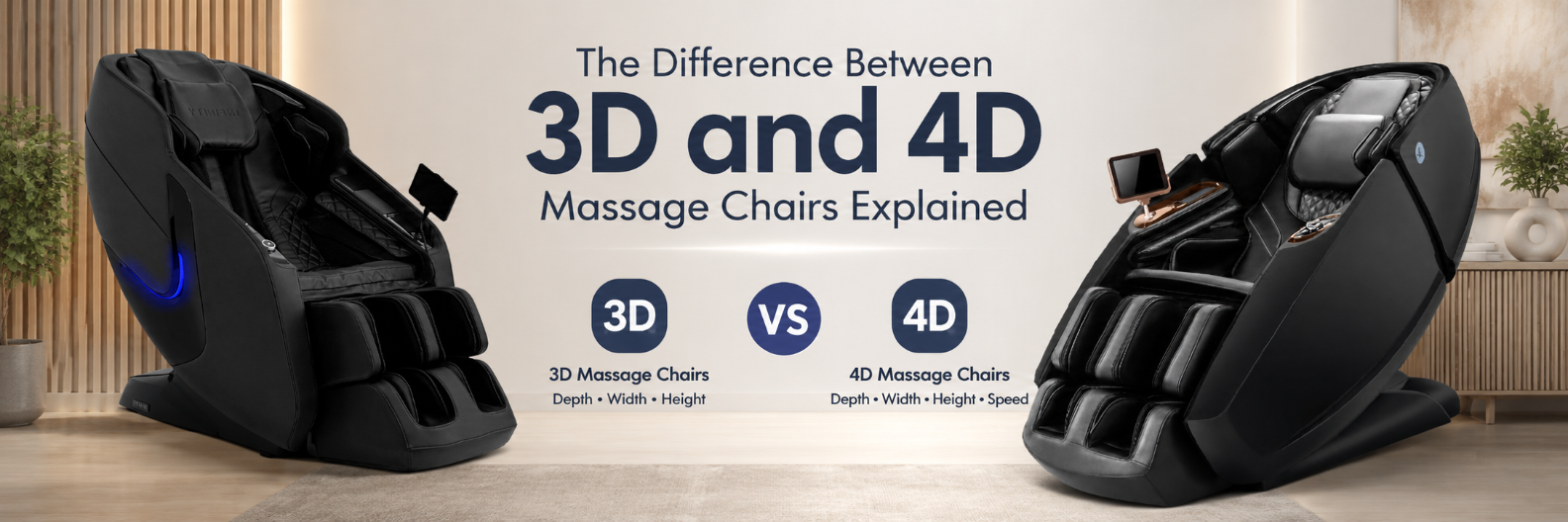 The Difference Between 3D and 4D Massage Chairs Explained banner featuring two premium black massage chairs comparing 3D and 4D massage technology.