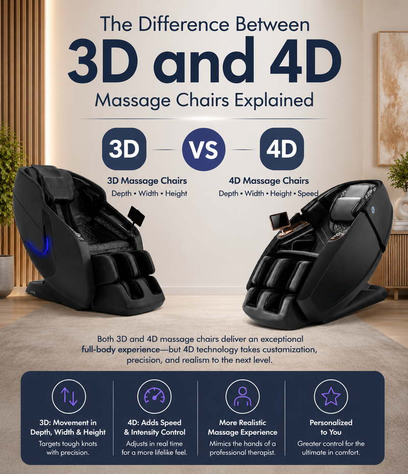 Mobile banner comparing 3D vs. 4D massage chairs with two luxury black massage chairs illustrating the differences in massage technology and customization.